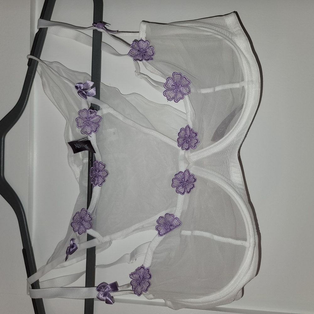 White and Purple Floral Embroidered Bra